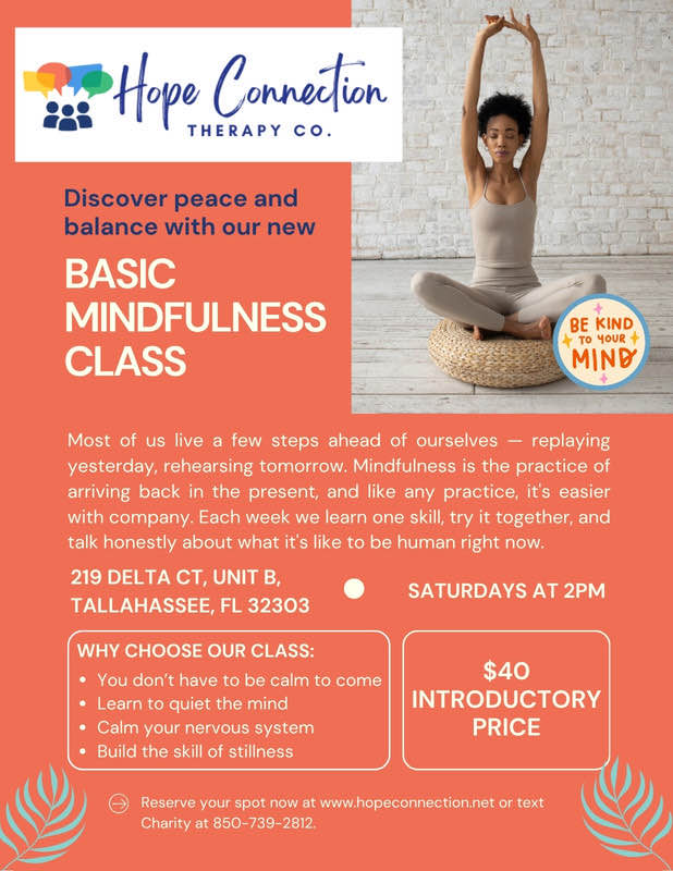 Basic Mindfulness Class flyer; complete class details are provided in the text beside it.